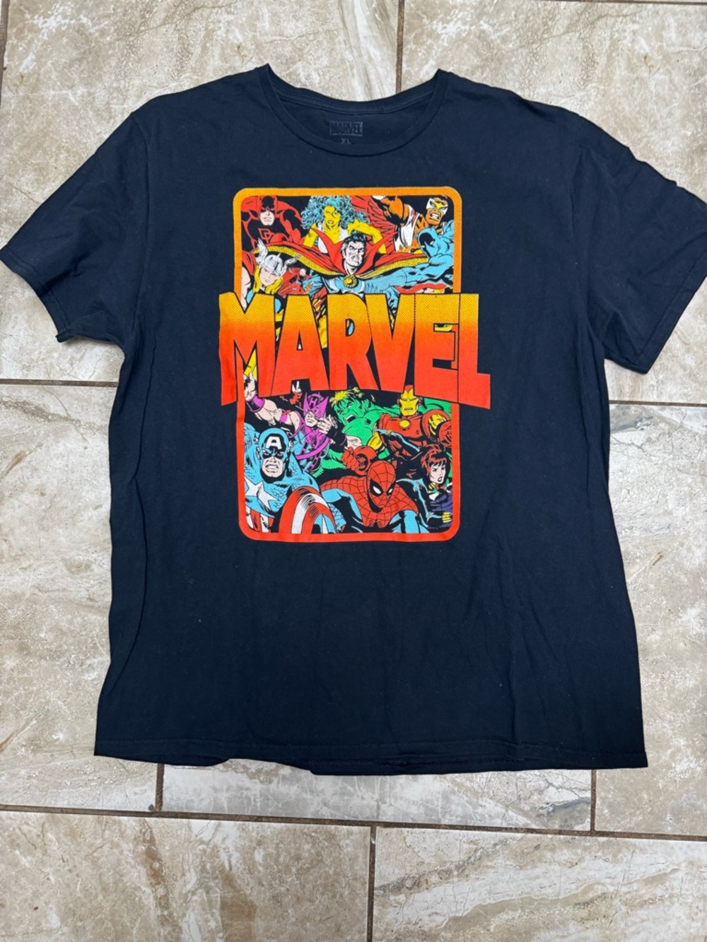 Marvel Black Short Sleeve Tee with Multicolor Comic Panel